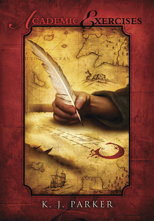 cover of Academic Exercises. Sepia tone closeup of hand writing with quill on illuminated manuscript, with maps around