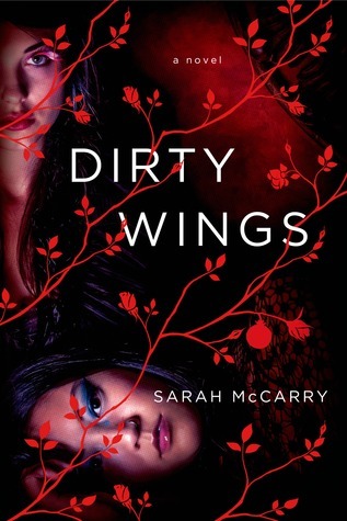 Dirty wings cover. Sideways girl's face in half shadow, red vines, all moody and dark reddish colours