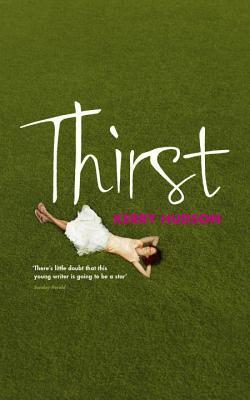 Thirst cover - handwriting style font, woman in dress lying on grass, shot from above